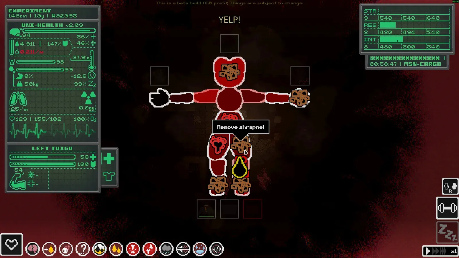 The Casualties: Unknown health panel showing shrapnel wounds and limb damage